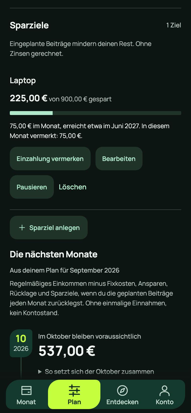 Restklar-Sparziel Laptop im Plan: 225 von 900 Euro gespart, 75 Euro im Monat, erreicht etwa im Juni 2027. Darunter beginnt die Vorschau der nächsten Monate: Im Oktober bleiben voraussichtlich 537 Euro.